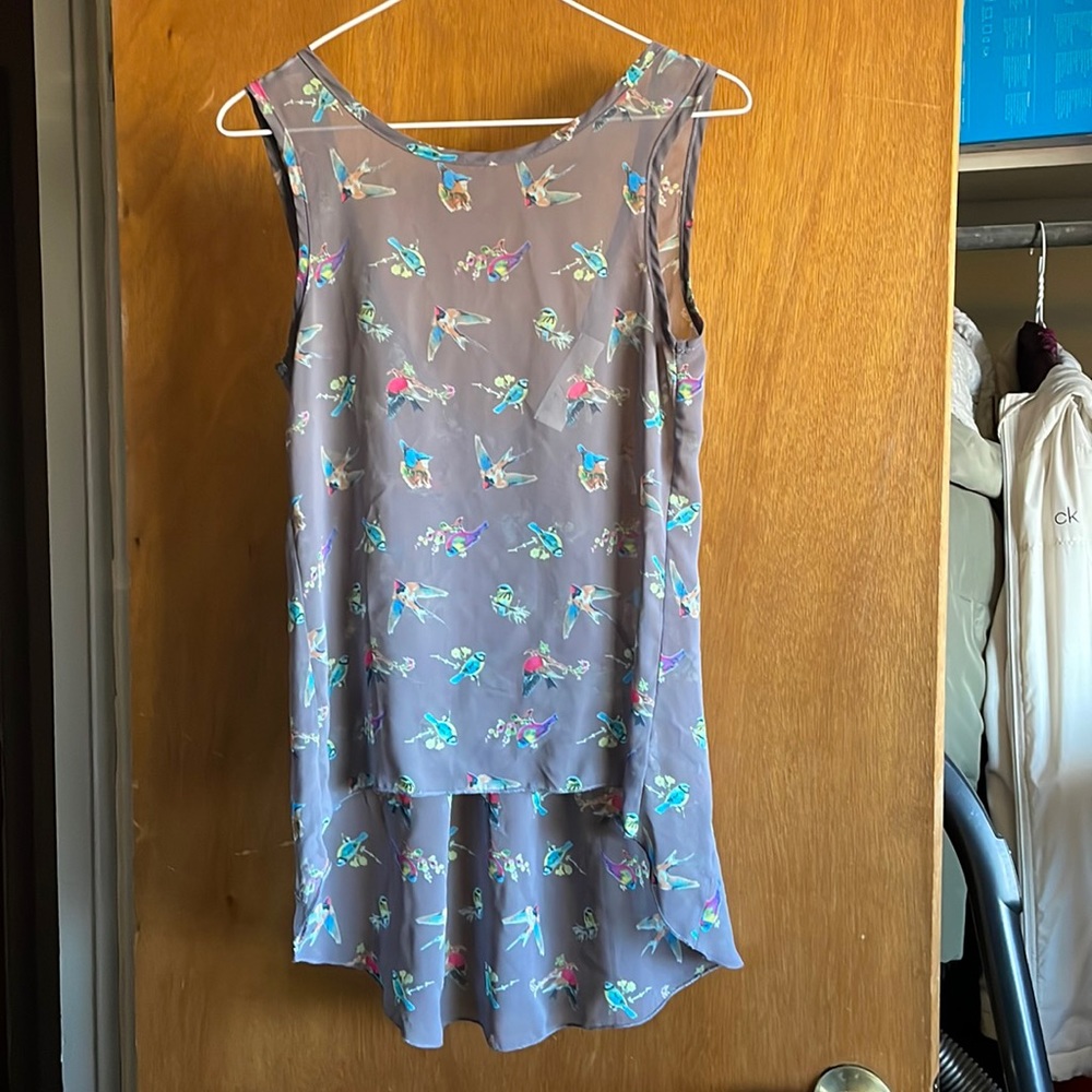 Vintage Havana, sheer a-line blouse with brightly colored birds.